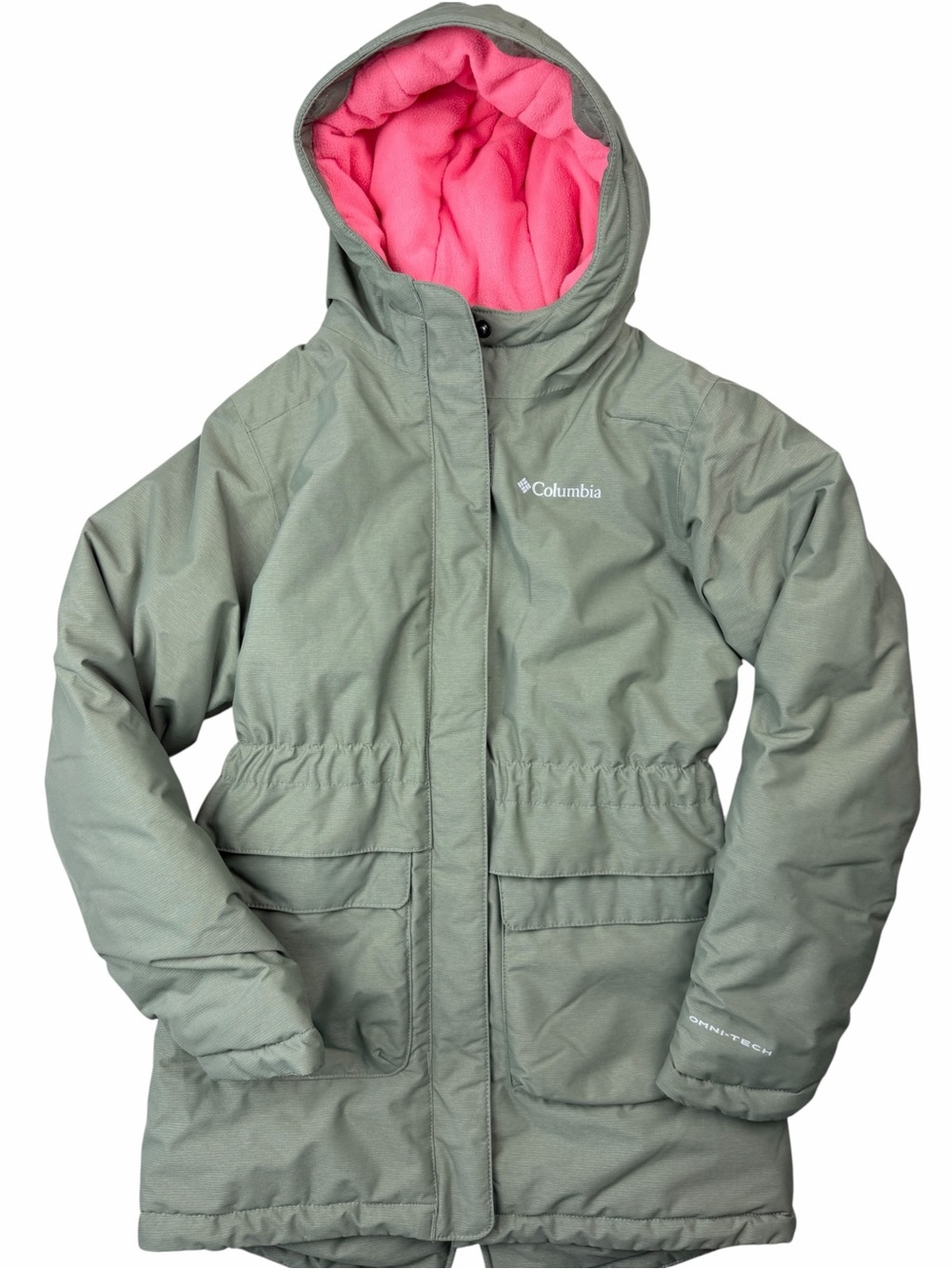 Columbia Girls' Hooded Puffer Jacket in Sage Green with Pink Lining. NWOT